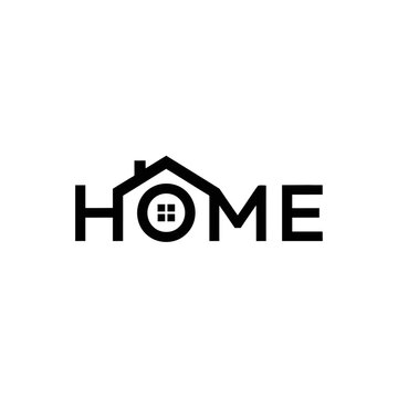 Minimalist black and white logo design featuring the word home with a house outline integrated into the letter o