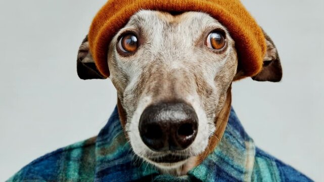 Dog in beanie hat and plaid shirt looks at camera with humanlike expression creating humorous cozy pet portrait perfect for autumn lifestyle themes