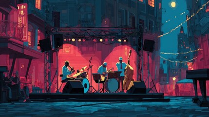 Jazz band performing on stage in the city with vibrant color scheme