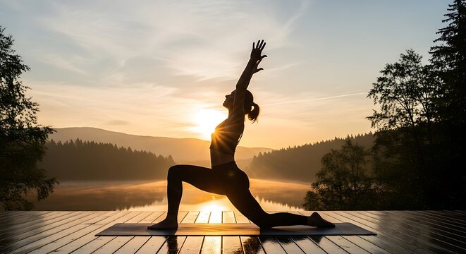 Woman practicing yoga warrior pose at sunrise by lake with mountains.