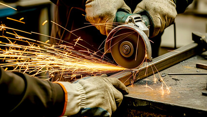 Industrial worker using an angle grinder to cut metal, creating sparks, symbolizing heavy industry, metalwork, and manufacturing.