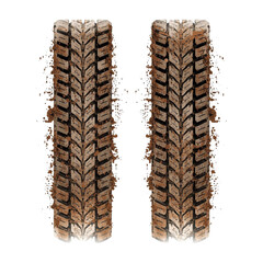 An illustration of two parallel muddy tire tracks with splatters of dirt and grime. The tracks show a deep tread pattern and are isolated on a clean white background.