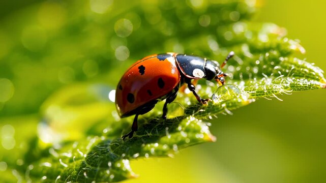 Ladybug on dewy leaf