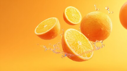 Several whole and sliced oranges are hung in mid-air against a bright, homogeneous orange background.