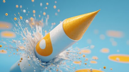A torpedo or rocket-shaped object aggressively bursting through a liquid or viscous substance.
