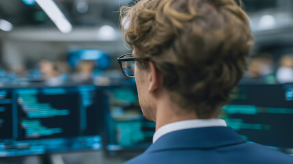 A focused professional intently examines a series of computer screens, analyzing complex data with concentration.