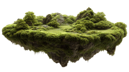 floating Green moss island isolated on a white background features natural forest plant fibers and craft yarn material in a macro textile display