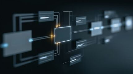 An abstract representation of a complex and intricate technological network, with interconnected nodes and lines.