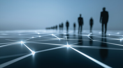 A line of blurred figures stands atop a glowing digital network. It's a striking visual of technology and human connection.