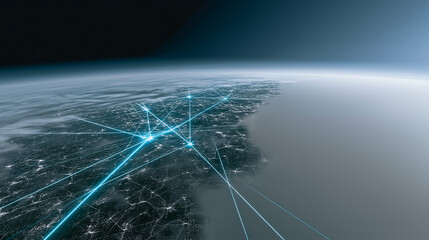 A digital network illuminates the curvature of the earth. Futuristic lines of digital information that embodies the interconnectedness of global network.