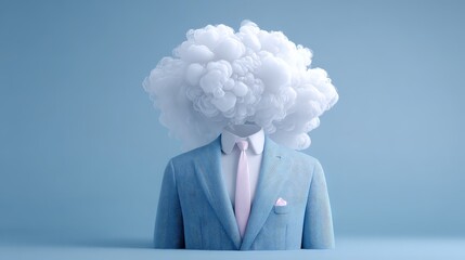 A businessman with a fluffy white cloud covering his head.