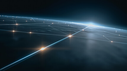 A futuristic digital landscape with interconnected data streams, representing the global network, where the illuminated points of data intersect. 