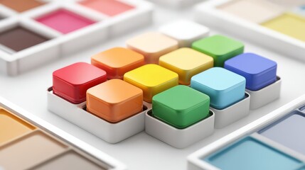 Several palettes with vividly colored, square-shaped solids. 