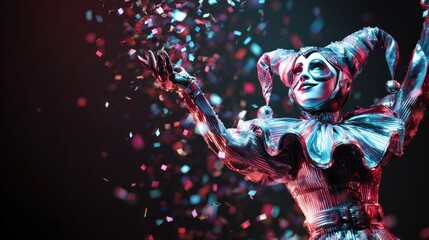 Jester in carnival costume with confetti against dark background