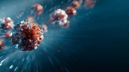 A stylized microscopic depiction of a virus complex moving quickly against a dim&nbsp;background.