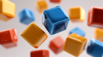 A smooth, glossy, and brightly colored cubes floating in mid-air.