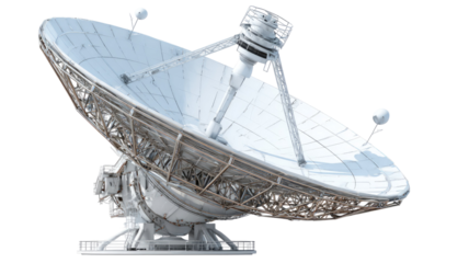 A high-technology satellite dish and radio telescope antenna stand against a clear blue sky, functioning as a communications receiver and astronomical observatory equipment for space research