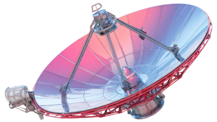 A high-technology satellite dish and radio telescope antenna stand against a clear blue sky, functioning as a communications receiver and astronomical observatory equipment for space research