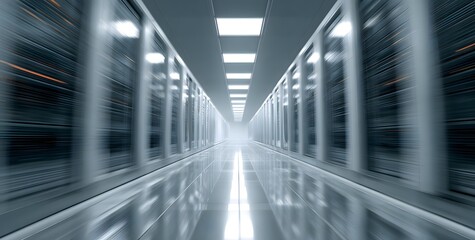 Illuminated server room corridor with rows of computer racks extending into the distance creating a futuristic and technological atmosphere with a bright light at the end of the tunnel