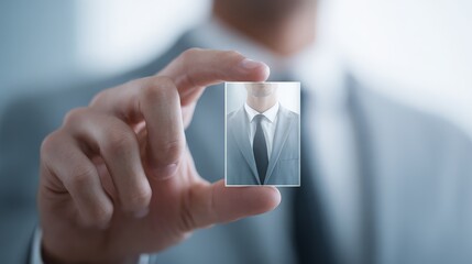 A businessman's hand holding a digital business cards, augmented reality (AR) interfaces, future technology, transparency, or contactless identification.