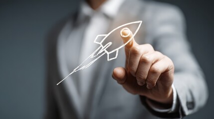 A businessman is touching and activating a digital interface.