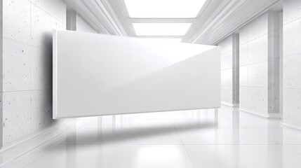 A brilliant blank screen hovering in a sleek, modern, white corridor.