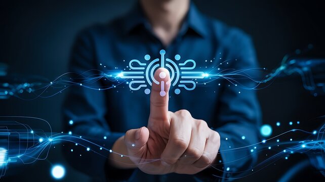 Person's finger activating a glowing digital icon with blue light trails technology - Powered by Adobe