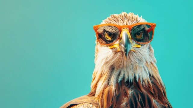 Stylish hawk wearing sunglasses poses against turquoise background combining wildlife power with playful fashion humor for creative mascot or branding concept