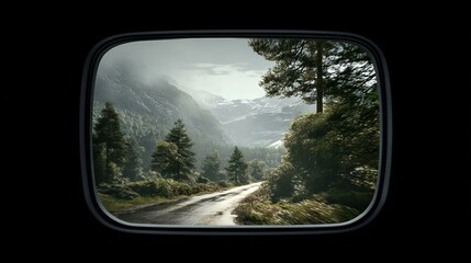 A view of a picturesque, mountainous scene from a circle window or gateway.
