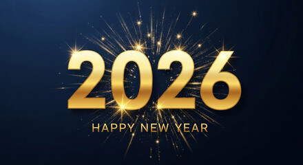 Golden 2026 number with shining burst on dark blue backdrop, representing upcoming New Year celebration, sparkling festive mood and anticipation