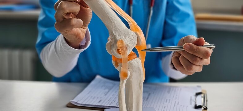 Knee anatomy and common injuries in the clinic. Traumatology doctor pointed to area of model of knee joint concept
