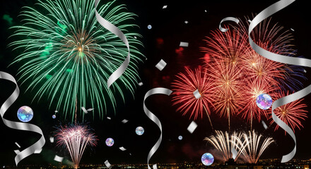 Night shot of colorful firework display with ribbons, confetti, and spherical ornament, representing celebration, festive event, and momentous occasion