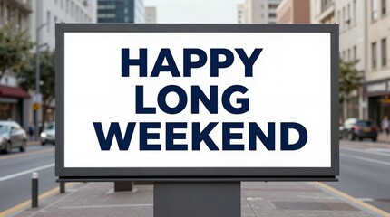 Obraz premium Urban street billboard advertising cheerful long weekend greeting in bold type
