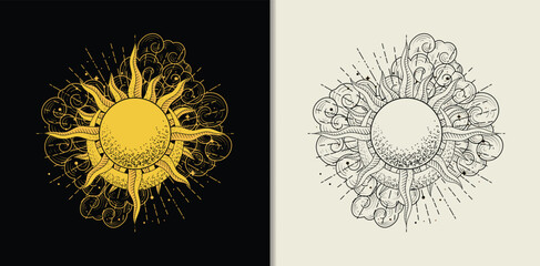 Engraved hand drawn sun with crescent moon in the sky with clouds and stars