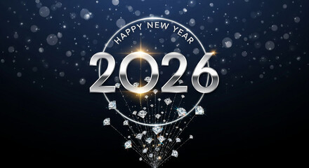 Silver numbers "2026" inside a circle, with "Happy New Year" text. Diamonds erupt from the bottom, against a dark bokeh background, festive celebration