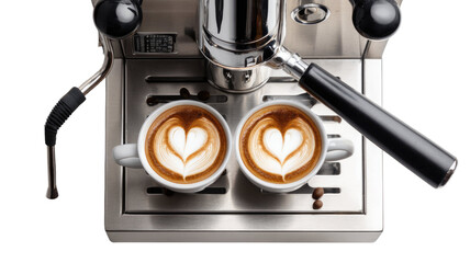 Hot morning breakfast featuring a white ceramic cup of espresso and roasted brown coffee beans next to a black kitchen machine maker for a caffeine break