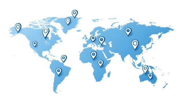 Global network of communication and business connections depicted by a stylized world map with numerous location pins indicating international reach and interconnectedness across continents