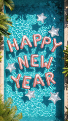 Happy New Year. Top view of pink metallic letter balloons and  silver star-shaped  balloons in swimming pool. 