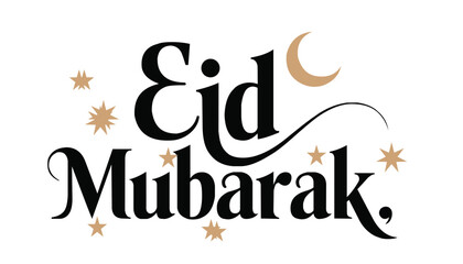 Eid Mubarak greeting with crescent moon and stars on white background © Labib