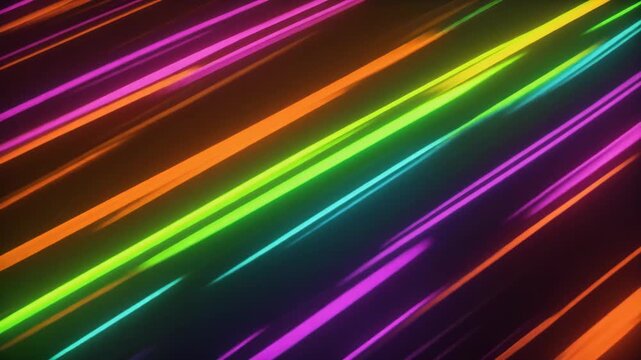 Vibrant neon glowing diagonal lines creating an abstract and energetic light pattern on a dark background.