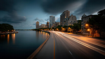 Streetlights line the highway long exposure cityscape
