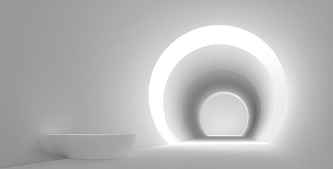 Fototapeta premium Abstract minimalist architectural interior with glowing archway and pedestal creating a serene and futuristic ambiance for product display or conceptual imagery
