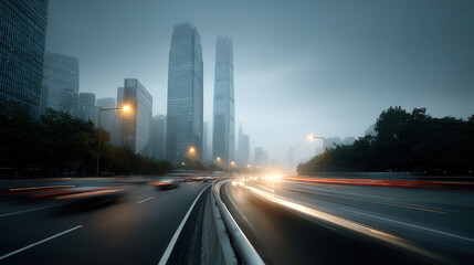 Streetlights line the highway long exposure cityscape