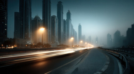 Streetlights line the highway long exposure cityscape