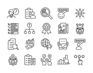 Collection of Business Analysis and Statistics Icons Showcasing Data Analytics Customer Service and Marketing Research in Clean and Modern Vector Style Exactly 200 Chars