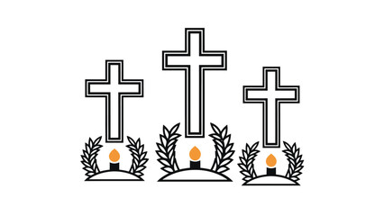 Three crosses with candles and laurel on white background