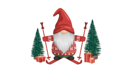 Festive gnome skiing with gifts and trees