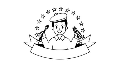 Cheerful artist with paintbrushes and starry background