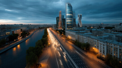 Streetlights line the highway long exposure cityscape