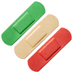 Band-aids in green, beige, and red with perforated texture isolated on white background